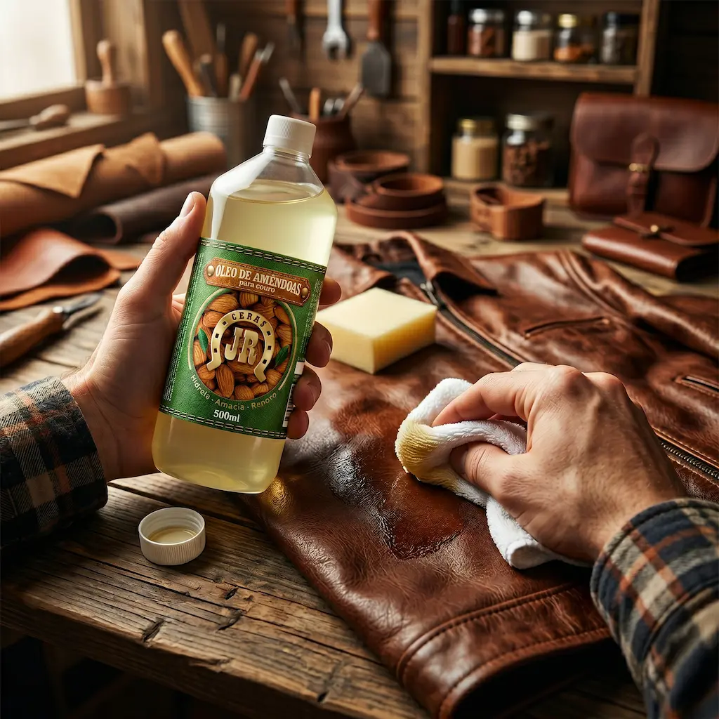 Firefly_Gemini Flash_Realistic product photography. A person's hands are applying leather oil from a small 84350